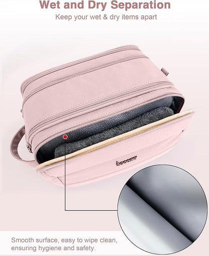 Toiletry Bag for Men & Women, Cruise Ship Travel Essentials, Shaving Dopp Kit with Dry and Wet Separation, Water-resistant Bathroom Cosmetic Organizer Bag, Makeup Accessories with Trolley Belt, Pink