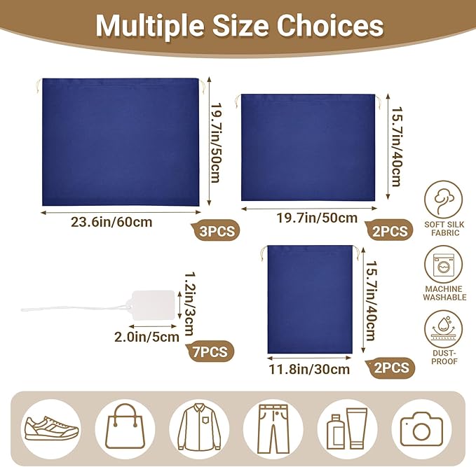 Ewen 7 Pack Small Medium Large Dustproof Satin Drawstring Bags with Blank Tags, Travel Packing Bags with Tag for Purse Organizer Home Organization Storage, Dark Blue Dustbags for Handbags Shoes Closet