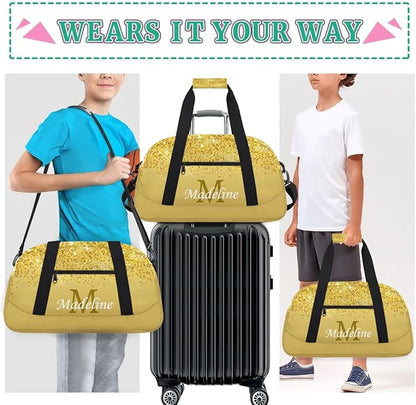 Personalized Kids Sports Duffel Bag with Name Custom Weekender Overnight Bag for Boys Girls Gym Bag Travel Dance Gymnastics Duffel Bag, Gold Glitter