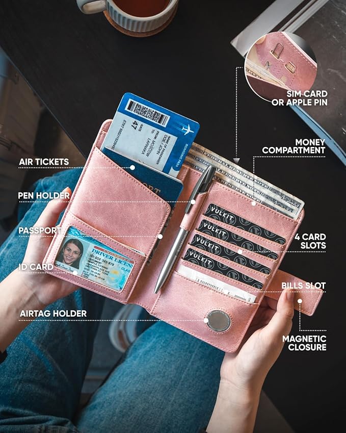 VULKIT Passport Holder with Airtag Holder RFID Blocking Passport Wallet Travel Leather Passport for Women(Pink)