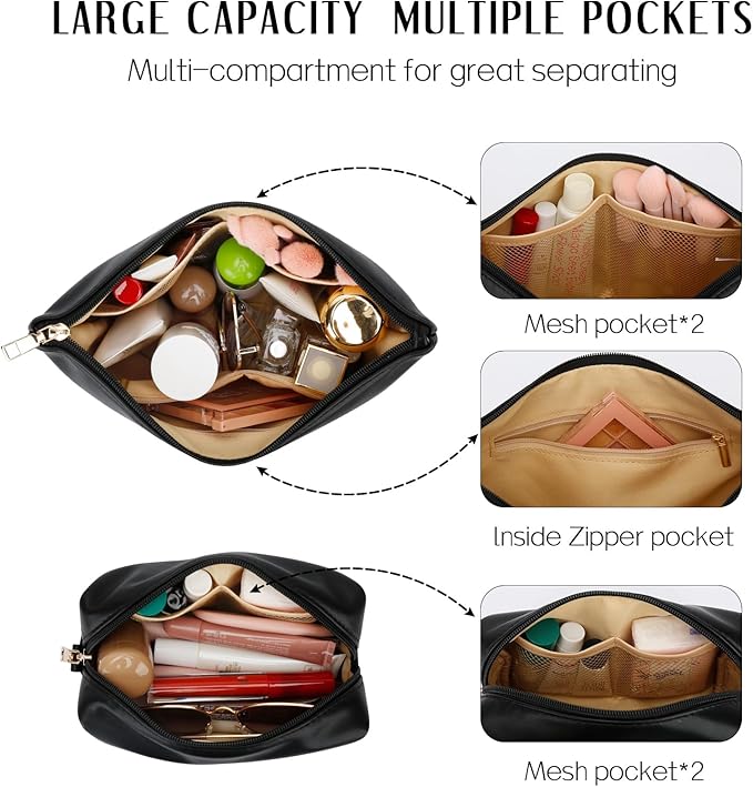 Women Gifts | Initial Makeup Bag Set for Girl Personalized Gifts for Bridesmaid Friend Graduation Teachers PU Leather Cosmetic Travel Toiletry Bag(Black,L)