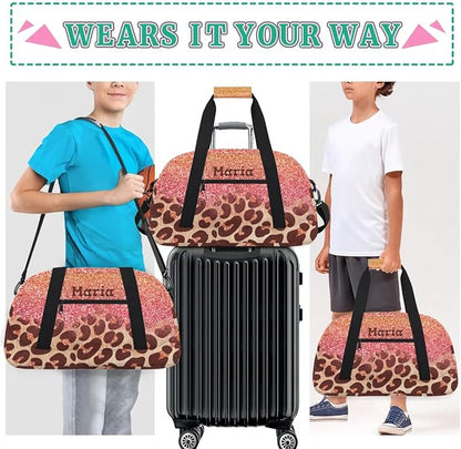 Personalized Kids Sports Duffel Bag with Name Custom Weekender Overnight Bag for Boys Girls Gym Bag Travel Dance Gymnastics Duffel Bag, Pink Glitter Leopard Print