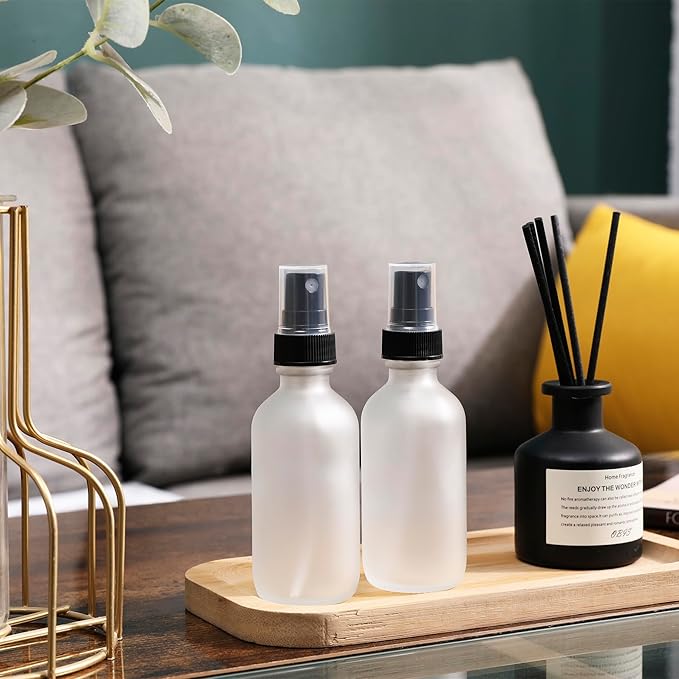 Green Glass Small Spray Bottles 2 oz 48 Packs,Fine Mist Sprayer Pretty Finish,Refillable Containers mini spray bottles for Cleaning Solutions and Skin Care (Clear Frosted 48Pack)