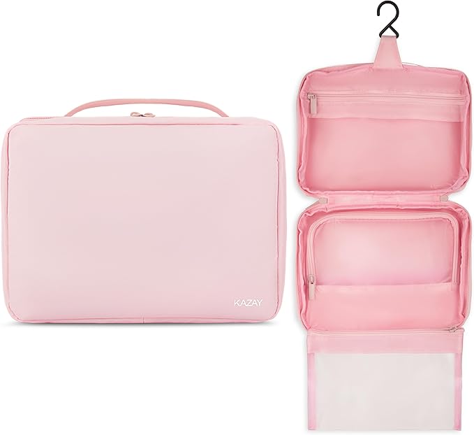 KAZAY Hanging Toiletry Bag with TSA Approved Detachable Pouch, Travel Toiletry Bag, Water Resistant, Premium Nylon, Travel Size Toiletries, Cosmetic Bag, Makeup Bag (Pink)