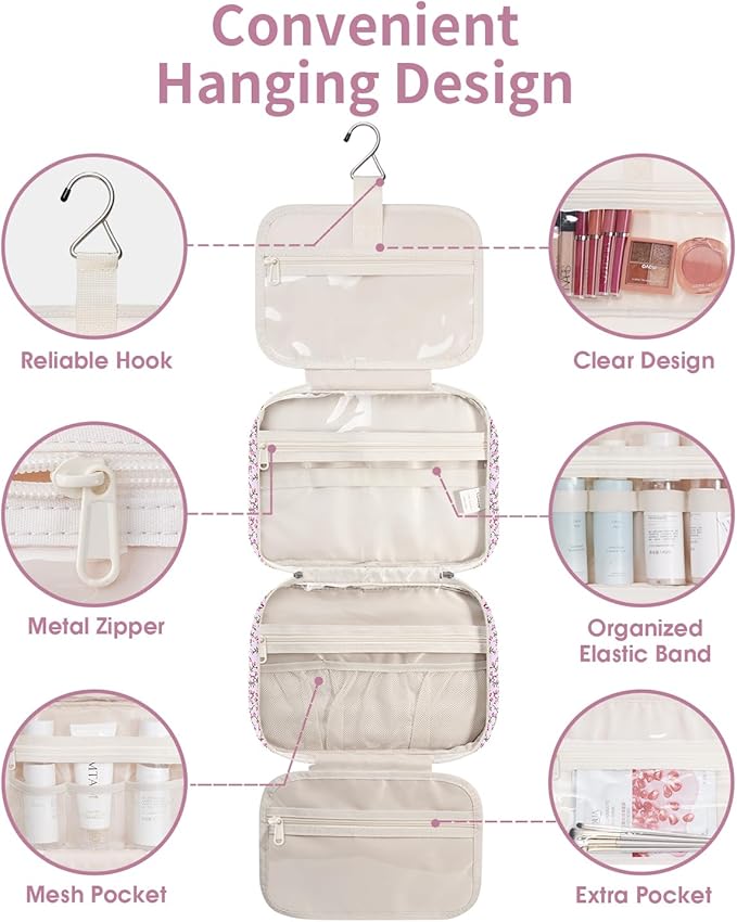 Narwey Hanging Toiletry Bag for Women Travel Makeup Bag Organizer Toiletries Bag for Travel Size Essentials Accessories Cosmetics (Green Leaves and Flower (Medium))