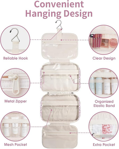 Narwey Hanging Toiletry Bag for Women Travel Makeup Bag Organizer Toiletries Bag for Travel Size Essentials Accessories Cosmetics (Green Leaves and Flower (Medium))