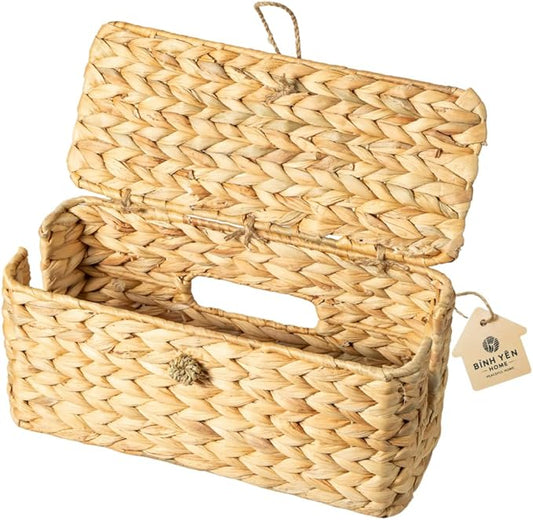 Wicker Cable Management Box with Lid, A Handwoven Water Hyacinth Cords Hider Box for TV, Computer, Router, USB Hub to Hide Cords & Power Strip for Desk, Floor, Office, 16x6.9x6.9”