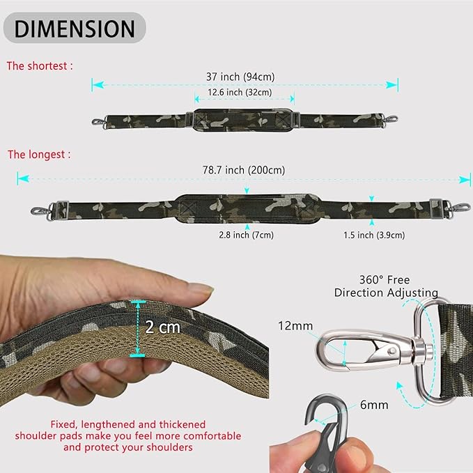 ZINZ 79 inch Shoulder Strap, Extra-thick Fixed Cushion Pad and Dual Clasps Universal Replacement Strap with Metal Swivel Hooks for Laptop Bags, Luggage Bags, Camera, Crossbody(Camouflage Green)