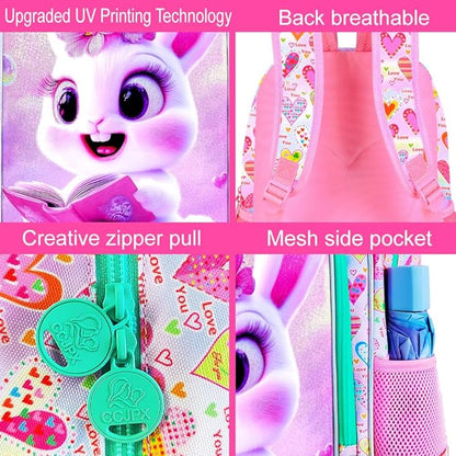 WZLVO 3PCS Rabbit Bookbag for Girls, 16" Glittery UV Printing Kids Backpack/School Bag with Lunch Box & Pencil Bag for Preschool to Elementary - Reading Rabbit Pink
