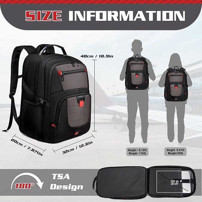 Extra Large Backpack, Travel Backpack, 17.3 Laptop In for Men, Extra Sturdy TSA Friendly with USB Port College School Rucksack Bag Gifts for Him Men Women, Grey