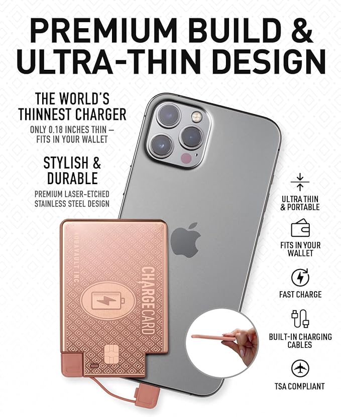 AquaVault ChargeCard – Ultra Slim Emergency Power Bank (2300mAh) – Fits in Wallet – USB-C & Micro-USB – Durable Steel Body – Flight-Safe for iPhone 12-17 & Android - Rose Gold
