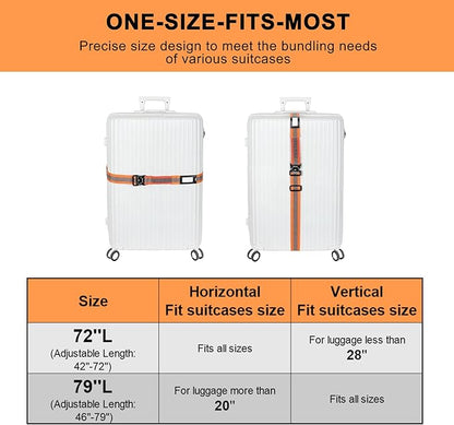 Vigorport Luggage Straps for Suitcases 2 Pack, Heavy Duty Metal Buckle Luggage Belt Strap, TSA Approved Suitcase Belt, Stretchable Travel Strap for Luggage (Orange, 72''L & 79''L)