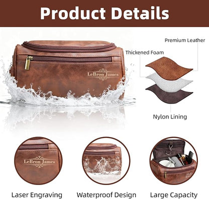 Personalized Toiletry Bag for Men, Custom Leather Shaving Dopp Kit for Him, Engraved Name Initials Travel Bag for Husband, Personalized Christmas Birthday Gifts for Men Dad Groomsmen-Brown