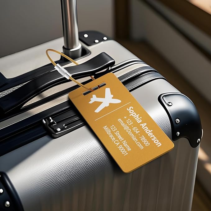4 Personalized Metal Luggage Tags, Laser Engrave Name and Logo, Custom Aluminum Suitcase Tags with Steel Ring, for Travel, Backpack, Baggage (Golden)