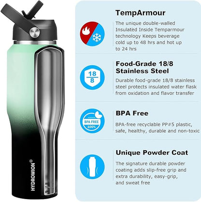 HYDROWION 40 oz Insulated Water Bottle with Straw fit in Car Cup Holder(Cold 48 hrs, Hot 24 hrs) Drinking Bottle with Straw Lid, Spout Lid and Flex Cap Leakproof Travel Thermo Mug，Mint - Black