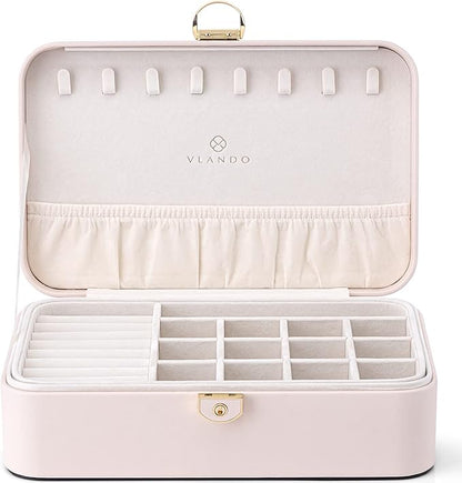 Vlando 2-Layer Jewelry Box,Valentines Day Gifts for Her Jewelry Organizer for Women Removable Jewelry Tray for Earrings Necklace,Gift Ideas,Birthday Graduation Gifts Apricot Pink