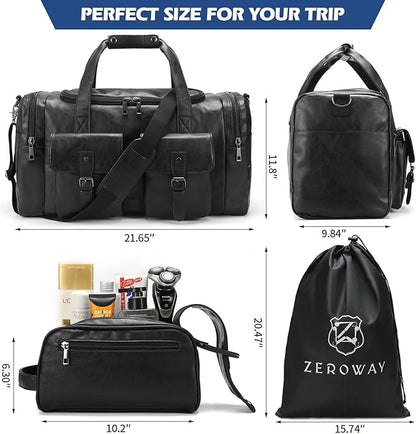 Zeroway PU Leather Travel Duffel Bag with Laundry Bag, Weekender Overnight bag Luggage Carry-On Bag with Shoe Pouch for Men or Women Black