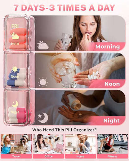 Pill Organizer 3X a Day, Large 7 Day Pill Box 3 Times a Day Portable for Family/Travel Medicine Case for Vitamins, Fish Oil and Supplements（Pink）