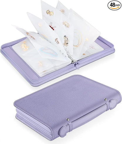 Jewelry Travel Organizer Case, PU Leather Portable Jewelry Storage Book with Transparent Pockets Zipper Bag for Necklaces, Earrings, Bracelets(48 Grids+48 Thicken PVC Bags), Lilac Purple