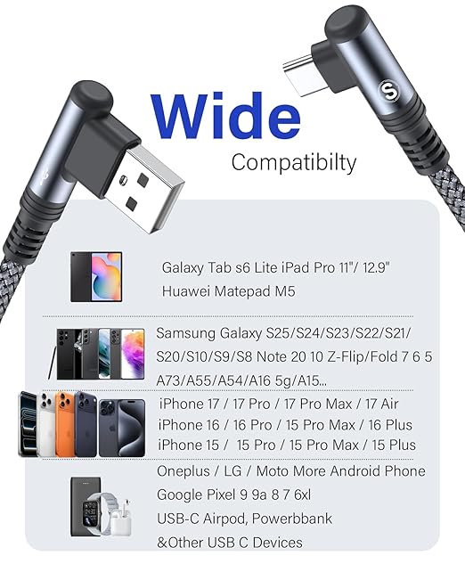 sweguard iPhone 17 Charger USB to Type C Cable 90 Degree [2-Pack,6.6FT] Fast Charging Cord for iPhone 17 16 15 Pro Max Plus Samsung Galaxy S25 S24 S23 S22 S21 S20 A54 A15 Note Flip LG Pixel Moto
