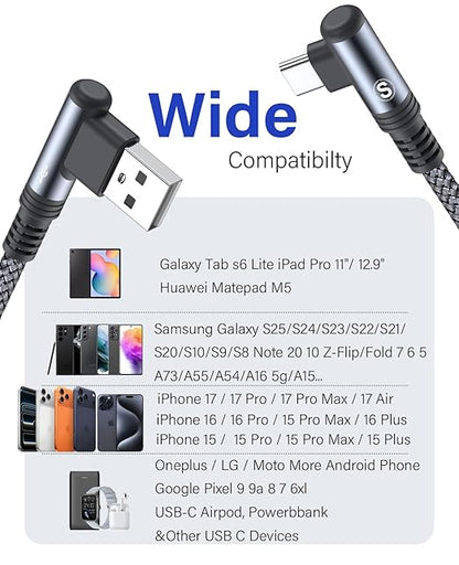 sweguard iPhone 17 Charger USB to Type C Cable 90 Degree [2-Pack,6.6FT] Fast Charging Cord for iPhone 17 16 15 Pro Max Plus Samsung Galaxy S25 S24 S23 S22 S21 S20 A54 A15 Note Flip LG Pixel Moto