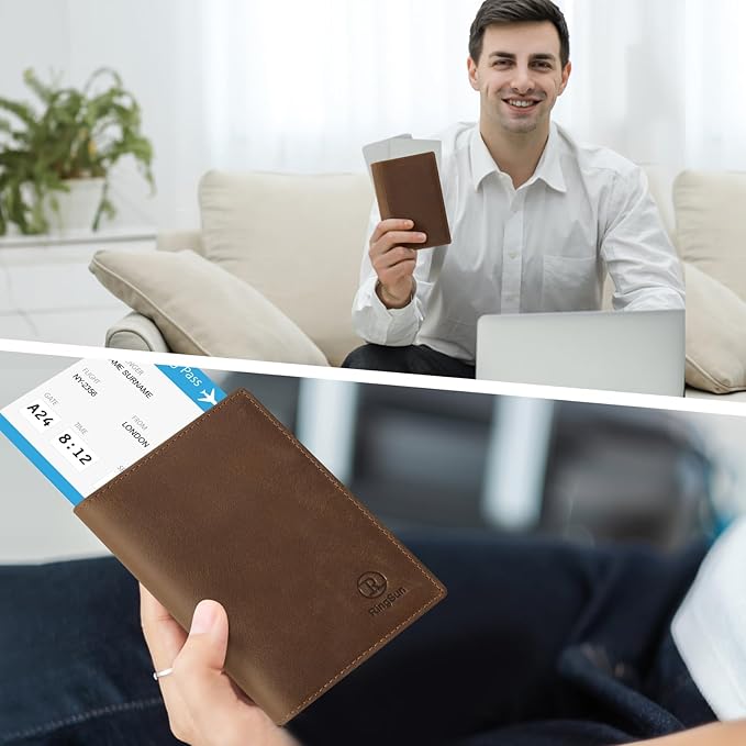 Ringsun Leather Passport Cover for Men Women, RFID Passport Wallet Case Travel Passport Holder for Family