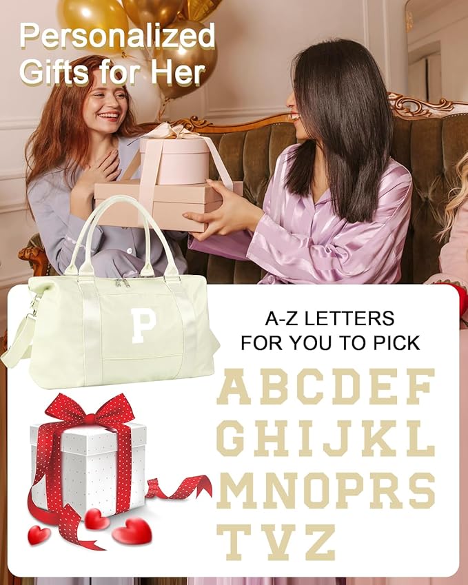 Initial Travel Duffel Bag Sports Gym Bag for Kids Teen Birthday Gifts,Beige Personalized Weekender Bag Carry On Dance Bags for Women Men,Waterproof Monogram Overnight Bag with Trolley Sleeve(Letter P)