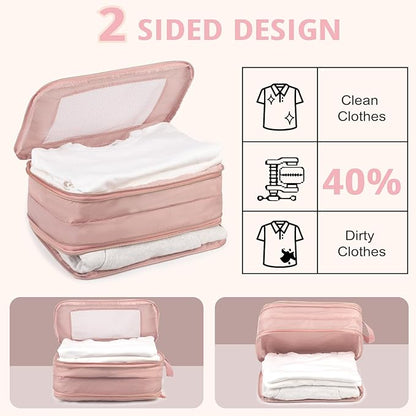 Expandable Double-Sided Compression Packing Cube，3 Set Lightweight Double Deck Organizer Bag Carry on Luggage Backpack Suitcases，Women Travel Accessories for Separate Clean and Dirty Clothes