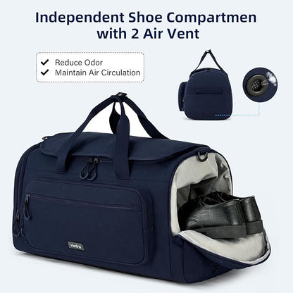 Large Travel Duffle Gym Bag with Shoe Compartment, Underseat Carry On Luggage Overnight Weekender Personal Item Workout Bags for Women Men (Navy Blue)