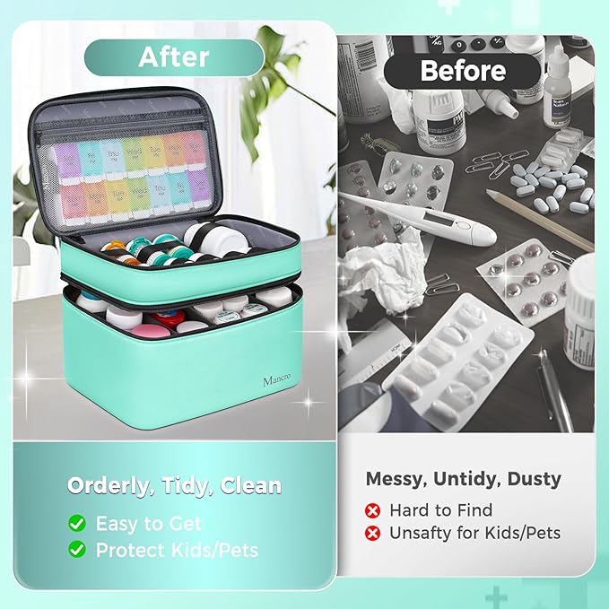 Mancro Dual Layers Medicine Organizer Bag, Pill Bottle Organizer Storage with Lockable Zipper, Medication Travel Bag for Pills, Vitamins, Medical Supplies for Home Storage, Travel, Green