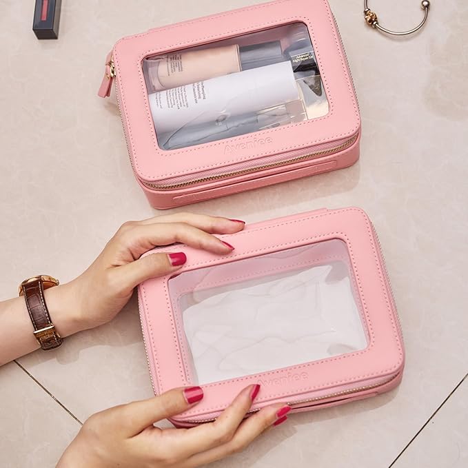 Aveniee Clear Makeup Bag Organizer Set,Portable Travel Toiletry Case for Women, Vegan Leather Cosmetic Pouch Car Bag for Essentials 2pcs,Middle & Large,Pink
