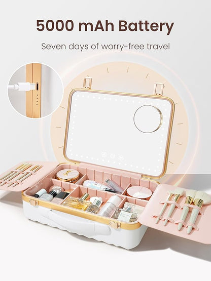 ROWNYEON Portable Travel Makeup Case With Light Up Mirror & Removable Divider - Train Case Organizer for Girls & Makeup Artist, Hairstylist - 10x Mirror (White)