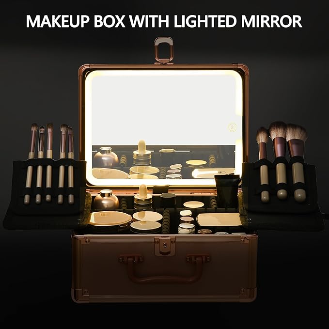 Rose Gold Makeup Case with Lighted Mirror, Detachable LED Mirror, Travel Makeup Train Case, Waterproof Cosmetic Organizer, Standing Makeup Brush Holder, Gift