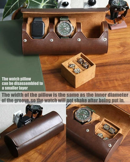 Mens Watch and Cufflink Travel Set, PU Leather Case - 2 Watch & Cufflink Organizer, Portable Storage Box Gift Set