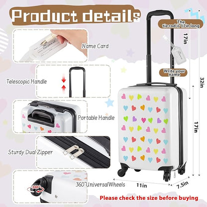 Redbaker 6 Pcs Kids Luggage Set Gift for Christmas 17 Inch Kids Rolling Luggage Double Pattern Suitcase for Boys Girls(White,17 Inch,Love Style)