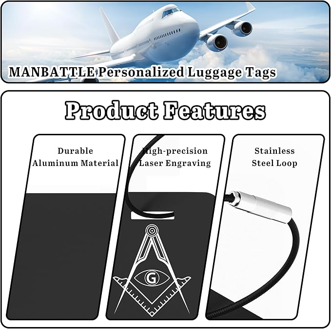 4 PCS Personalized Luggage Tags for Suitcases, Custom Aluminum Luggage Tags for Bags and Backpacks, Waterproof & Heavy Duty Personalized Metal Name Tags for Travel (Black)