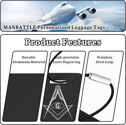 4 PCS Personalized Luggage Tags for Suitcases, Custom Aluminum Luggage Tags for Bags and Backpacks, Waterproof & Heavy Duty Personalized Metal Name Tags for Travel (Black)