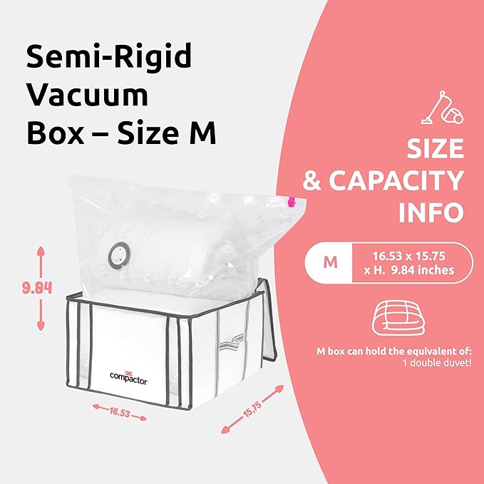 Compactor Vacuum Bags + Semi-Rigid Box, Space Saving Storage Bags, Seal Bags Compression for Comforters and Blankets, Sealer Clothes Storage, Size M, 125L | White