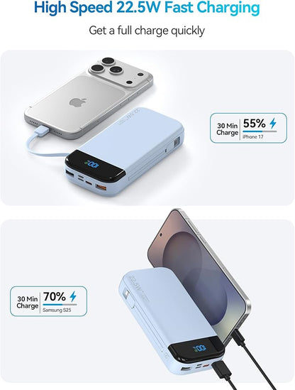 Portable Charger Power Bank 32000mAh with Built in Cables, PD3.0 USB C Fast Phone Charger, 5 Outputs LCD Display Travel Battery Pack Compatible with iPhone, Samsung All Cell Phones (Blue)