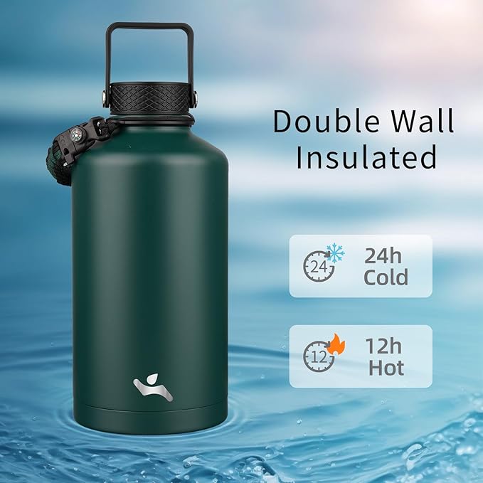 Insulated Water Bottle with Straw,87 oz 3 Lids Water Jug with Carrying Bag,Paracord Handle,Double Wall Vacuum Stainless Steel Metal Flask,Dark Green