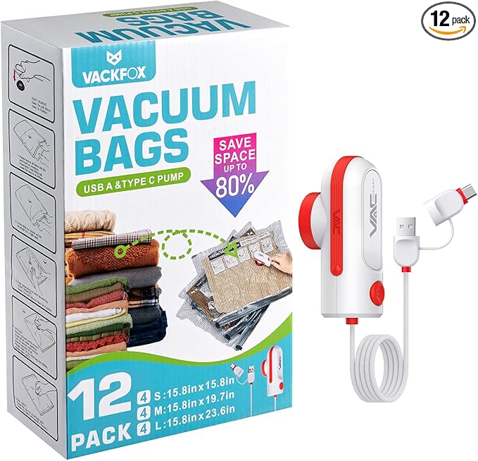 12 Pack Travel Vacuum Bags for Clothing with USB and TYPE C Pump, Compression Seal Packing Cubes for Luggage Suitcase Backpack, Carry-on Size Space Saver Storage Bags for Vacation Cruise（Red）