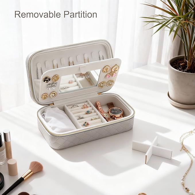 DesignSter Jewelry Organizer, Small Portable Travel Jewelry Storage for Women, Woven Embossed PU Jewelry Case with Mirror for Ring Earring Necklace Bracelet