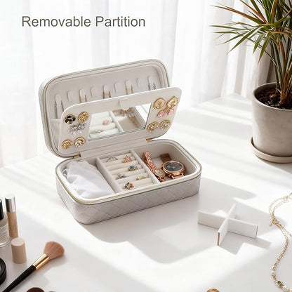 DesignSter Jewelry Organizer, Small Portable Travel Jewelry Storage for Women, Woven Embossed PU Jewelry Case with Mirror for Ring Earring Necklace Bracelet