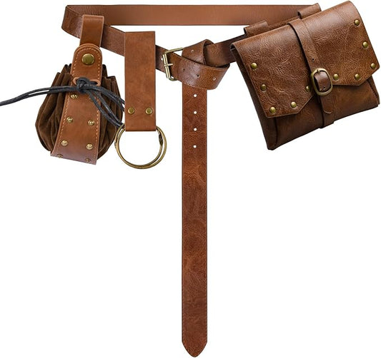 Renaissance Belt Pouch Viking Leather Medieval Belt Waist Bag Pirate Cosplay Festival Halloween Adjustable Accessories (Bottle-Brown)