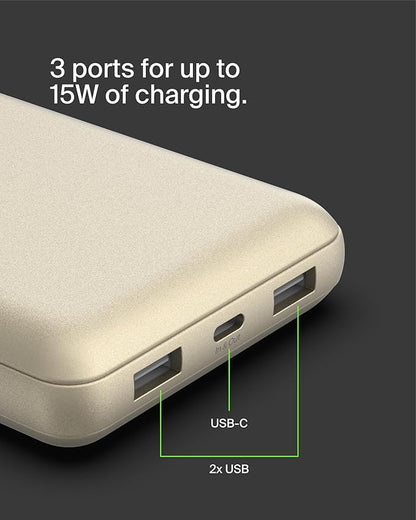Belkin Portable Charger, USB-C Power Bank 20000 mAh w/ 2xUSB-A Ports, 15W w/Type-C to Type-A Cable for iPhone 17, Air, Samsung Galaxy S25, Pixel, iPad, Nintendo Switch 2, Google Pixel 10, etc. - Gold