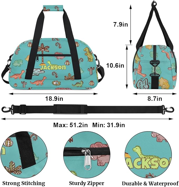 Personalized Duffel Bag for Kids Girls Boys, Dinosaurs Custom Name Gym Bag Overnight with Padded Handles Carry On Weekend Sports Travel Bag for School Practice Gymnastics Ballet
