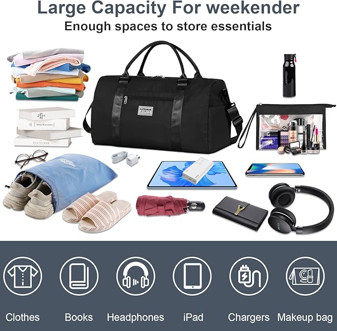 Large Travel Duffel and Small Shoulder Bag, Sports Tote Gym Yoga Airplane Carry-on Bag,Shoe with Clear Cosmeticp Bag,Outdoor Camping Overnight for Men and Women, Black