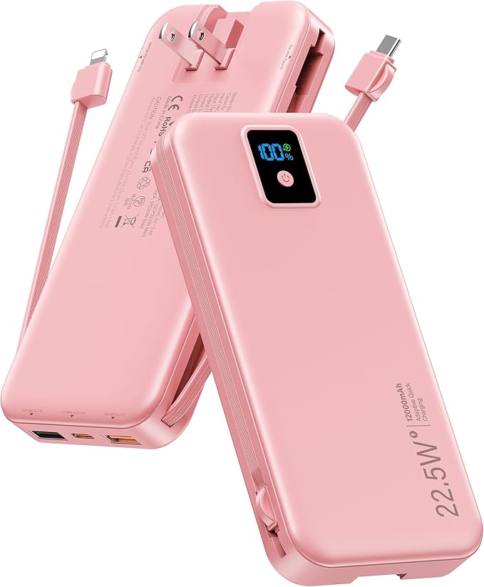 Portable Charger, 12000mAh 22.5W Fast Charging Power Bank with Built-in Cables & Wall Plug, Travel Essentials Battery Pack with LED Display, USB C External Battery Bank for iPhone iPad, Samsung Pink