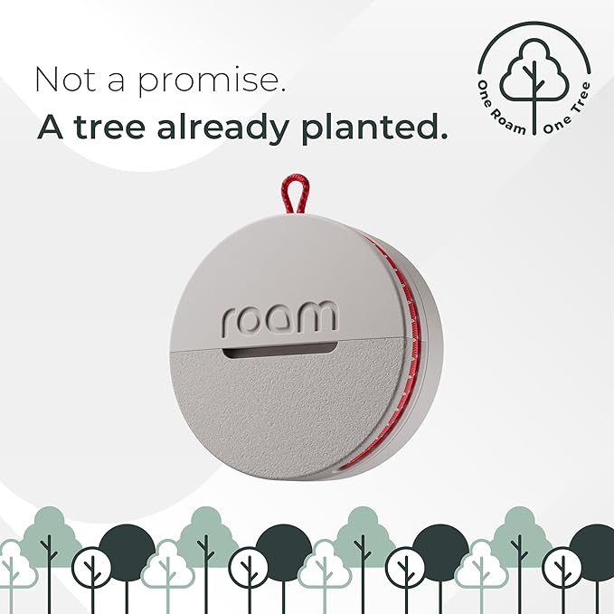 Roam Smart Tracker | Family-Friendly Eco Tracker for Keys, Bags & Kids’ Gear | Works with iOS & Android | Built-in Strap, QR Lost & Found | Replaceable Battery | No Extra App | 1-Pack, Grey