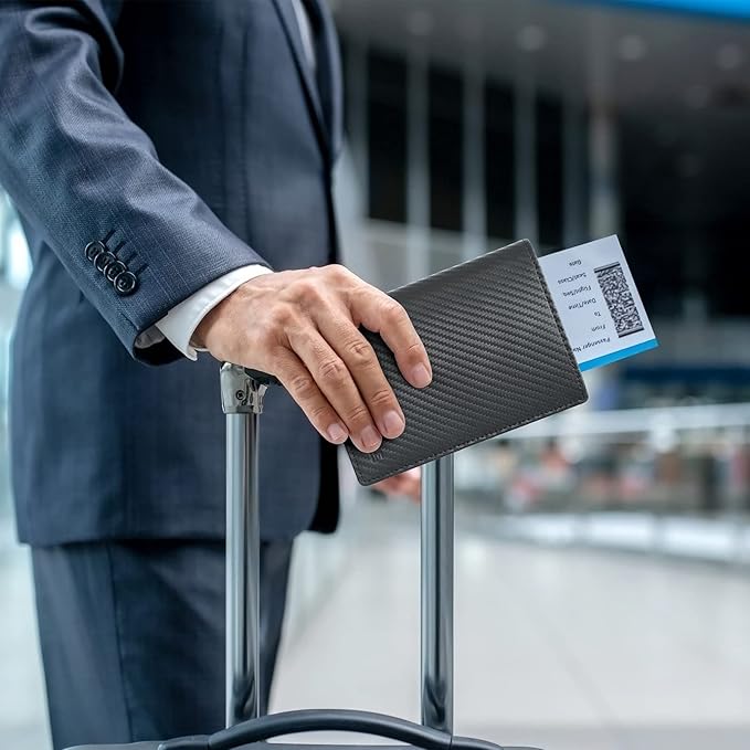 Polare Functional RFID Blocking Leather Passport Holder Travel Bifold Wallet For Men (Carbon Black)